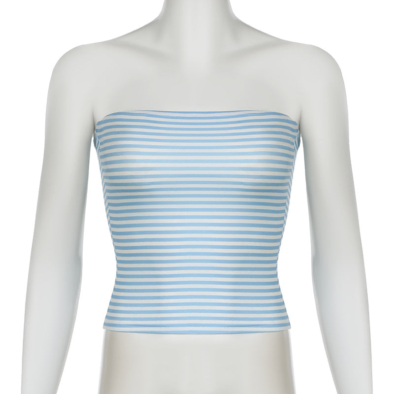 Antmvs -  Women's Striped Print Ruched Crop Tube Top, Casual Strapless Cropped Top for Summer, Ladies Clothes for Daily Wear