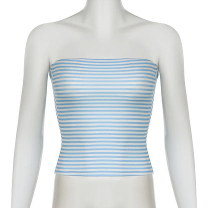 Antmvs -  Women's Striped Print Ruched Crop Tube Top, Casual Strapless Cropped Top for Summer, Ladies Clothes for Daily Wear