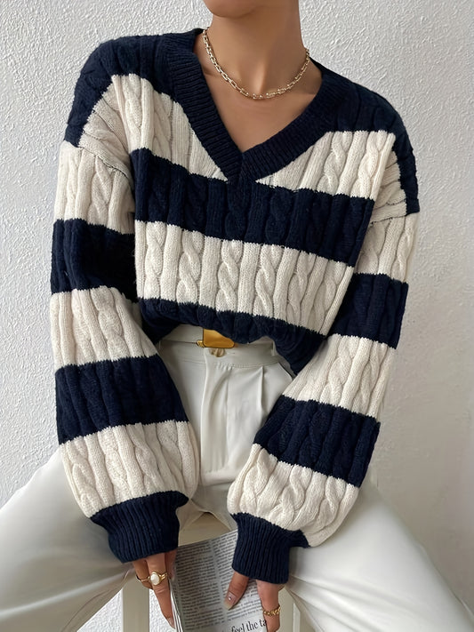 Antmvs Plus Size Casual Sweater, Women's Plus Striped Long Sleeve V Neck Cable Knitted Drop Shoulder Pullover Jumper