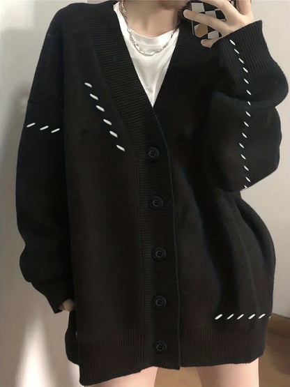 Antmvs V Neck Button Knit Cardigan, Preppy Long Sleeve Drop Shoulder Sweater, Women's Clothing