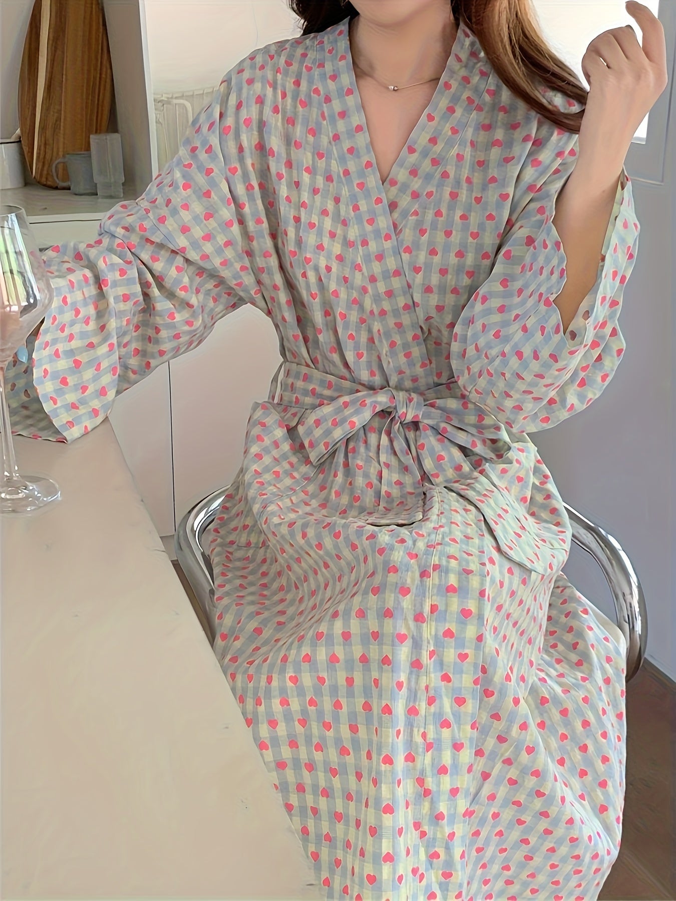 Casual Chic Plaid Print Long Sleeve V Neck Belted Robe with Pockets - Women's Loungewear & Dresses - Soft, Cozy, and Stylish Lounging Essential for Relaxation