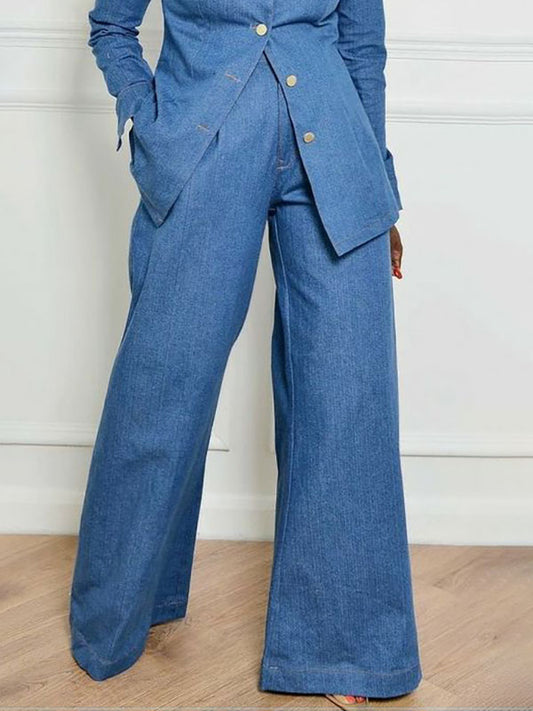 Antmvs High Waisted Loose Pockets Solid Color Lapel Jean Pants Bottoms