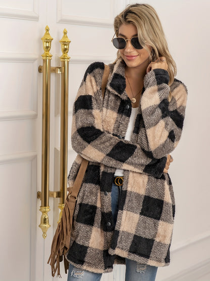 Antmvs Plaid Print Teddy Coat, Casual Button Front Long Sleeve Warm Outerwear, Women's Clothing