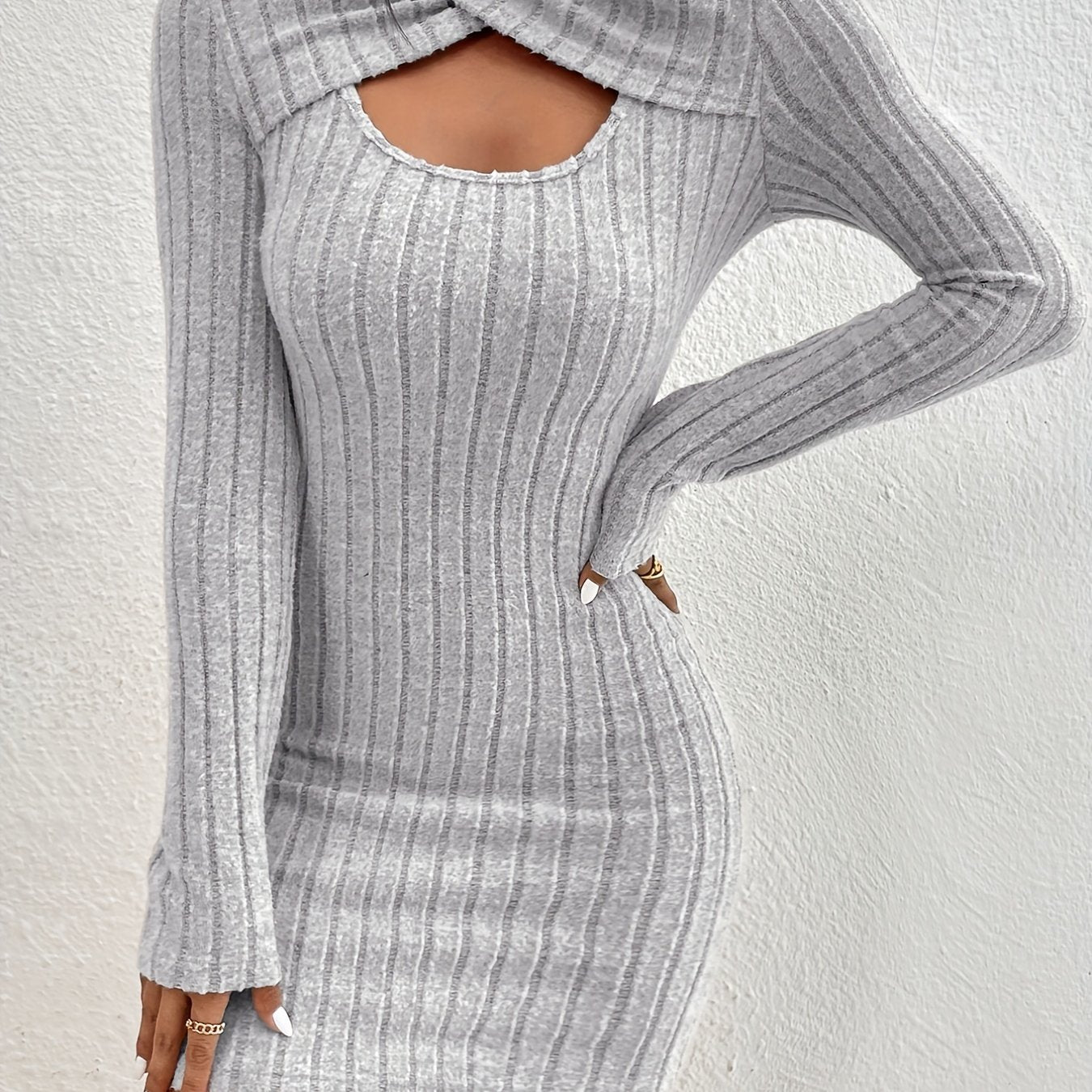 Antmvs Cut Out Ribbed Dress, Casual Long Sleeve Solid Bodycon Dress, Women's Clothing