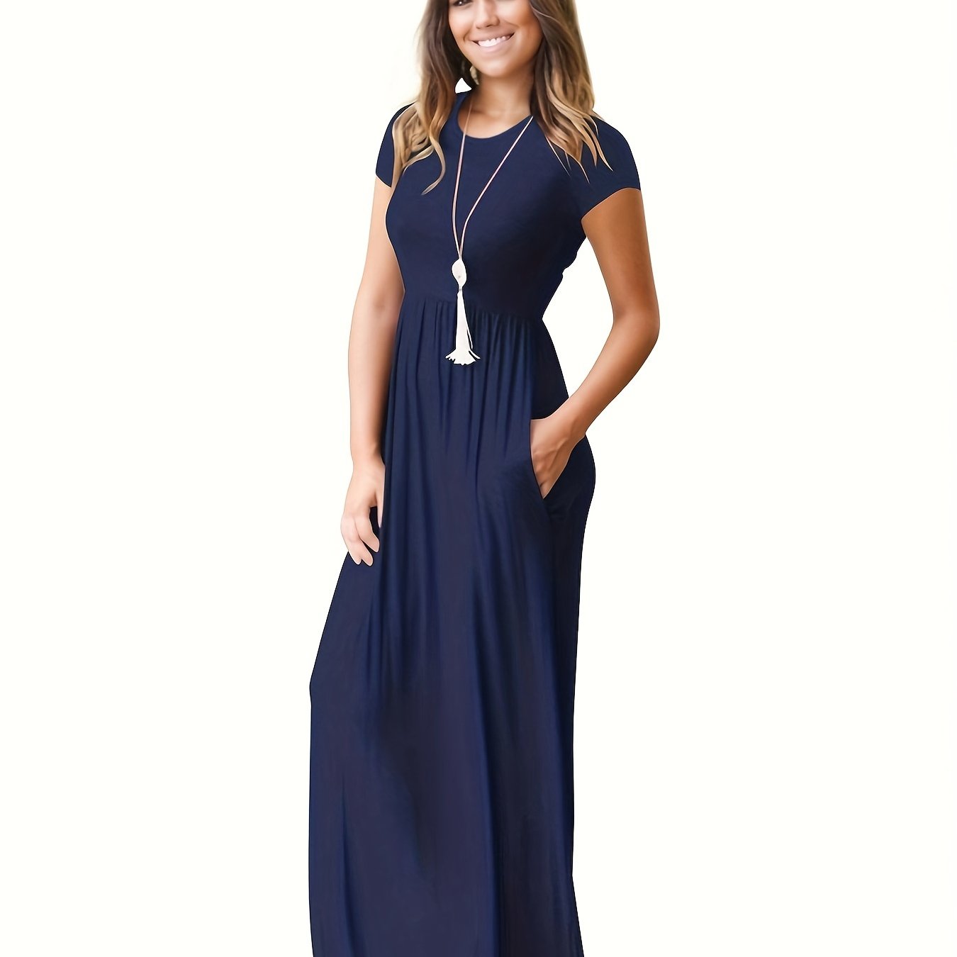 Antmvs Pleated Maxi Dress, Casual Crew Neck Short Sleeve Dress With Pockets, Women's Clothing