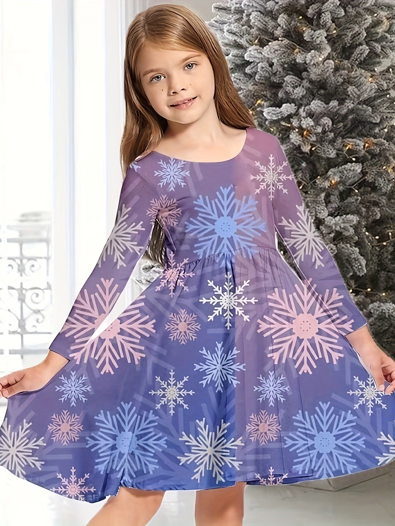 Christmas Party Snowflake Long Sleeve Dress for Girls - 3D Print Graphic, Festive Holiday Outfit, Comfortable Kids Clothes for Winter Season