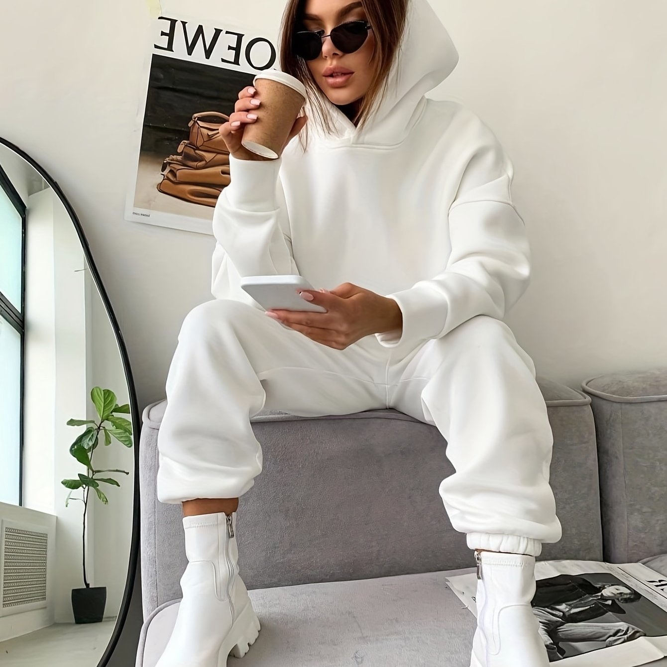 Antmvs Casual Two-piece Set, Solid Hoodie & Elastic Waist Jogger Pants Outfits, Women's Clothing