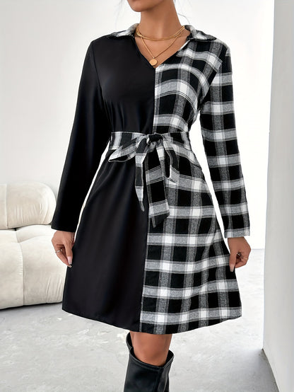 Antmvs Plaid Color Block Belted Dress, Elegant Long Sleeve Dress For Spring & Fall, Women's Clothing