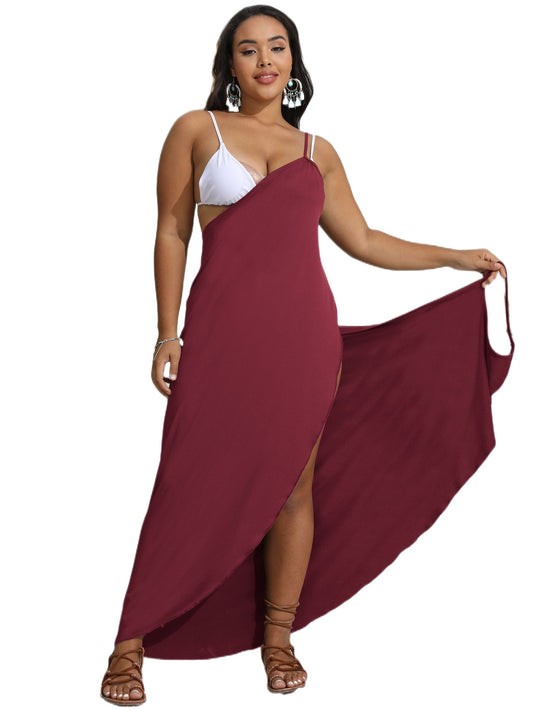 Antmvs Plus Size Sexy Wrap Dress, Women's Plus High Split Solid Medium Stretch Cami Maxi Dress