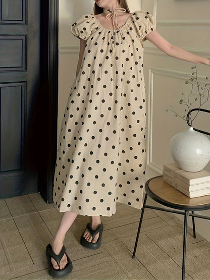 Antmvs Polka Dot Print Dress, Casual Puff Sleeve Midi Dress, Women's Clothing