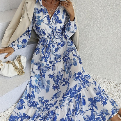Antmvs Floral Print Elastic Waist Dress, Boho Vacation Long Sleeve Midi Dress, Women's Clothing