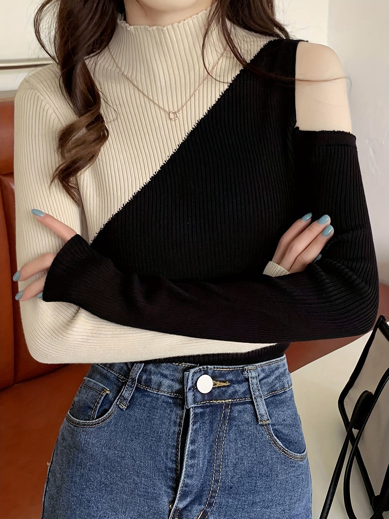 Antmvs Color Block Pullover Sweater, Casual Cold Shoulder Mock Neck Long Sleeve Top, Women's Clothing