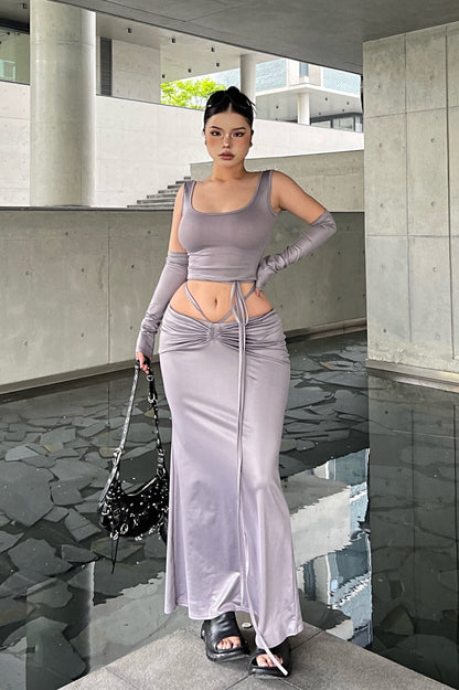 Antmvs SYNEZ Solid Color Metallic Slim Cropped Top + Drawstring Tie Up Fishtail Long Skirt Matching Set