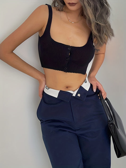 Antmvs Button Front Cropped Knit Vest, Sexy Squared Neck Sleeveless Solid Summer Vest, Women's Clothing