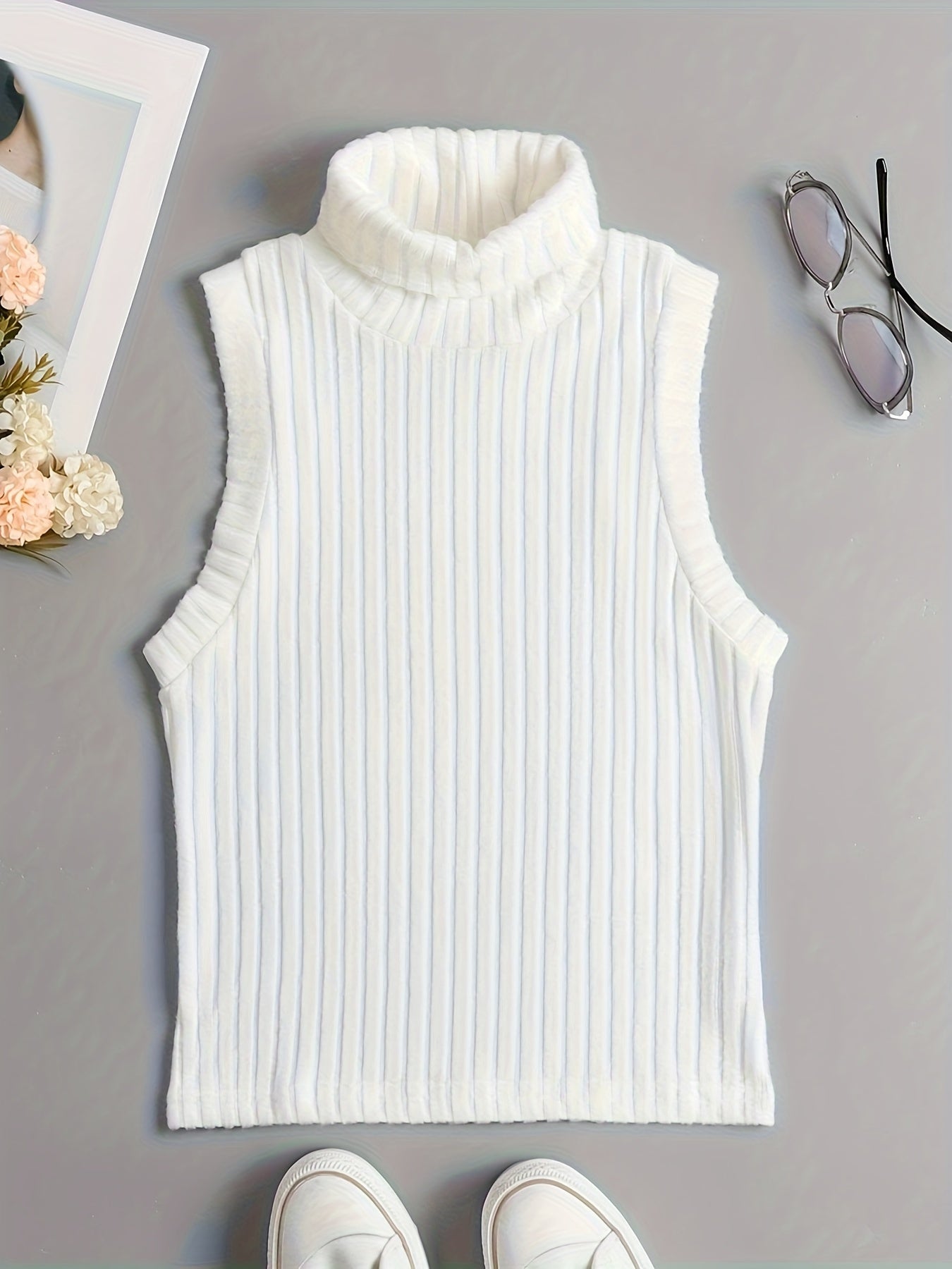 Antmvs Rib Knit High Neck Sweater Knitted Top, Sleeveless Casual Tank Top, Women's Clothing