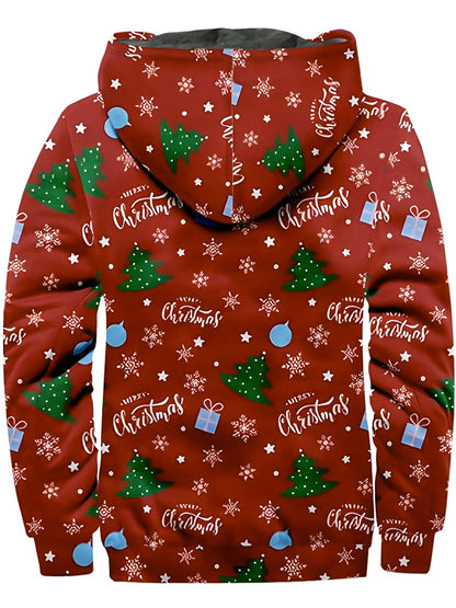 Plus Size Men's Christmas Tree Graphic Print Hooded Jacket Fall Winter Tops, Men's Clothing