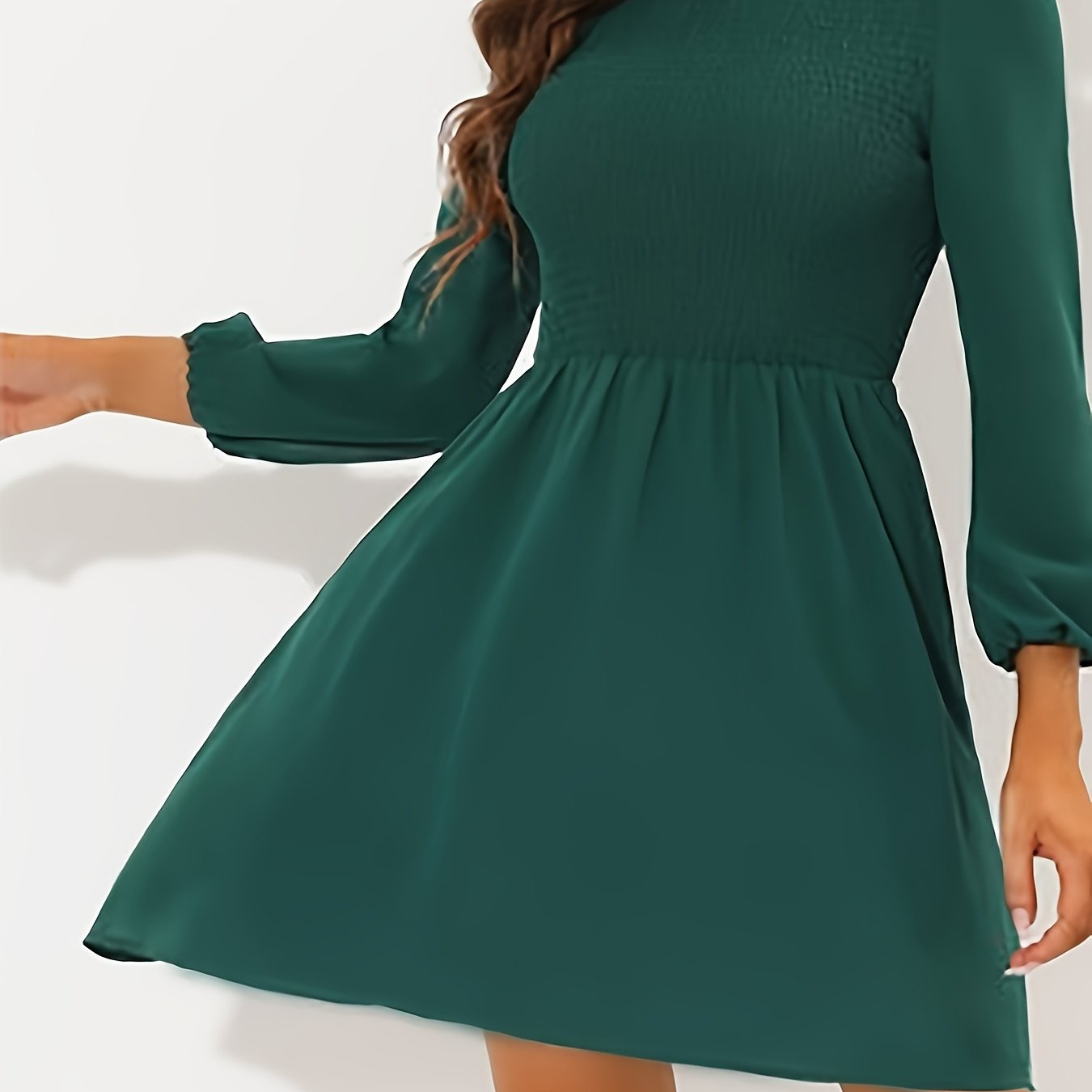 Antmvs Solid A-line Lantern Sleeve Dress, Casual Ruffle Trim Round Neck Dress For Spring & Fall, Women's Clothing