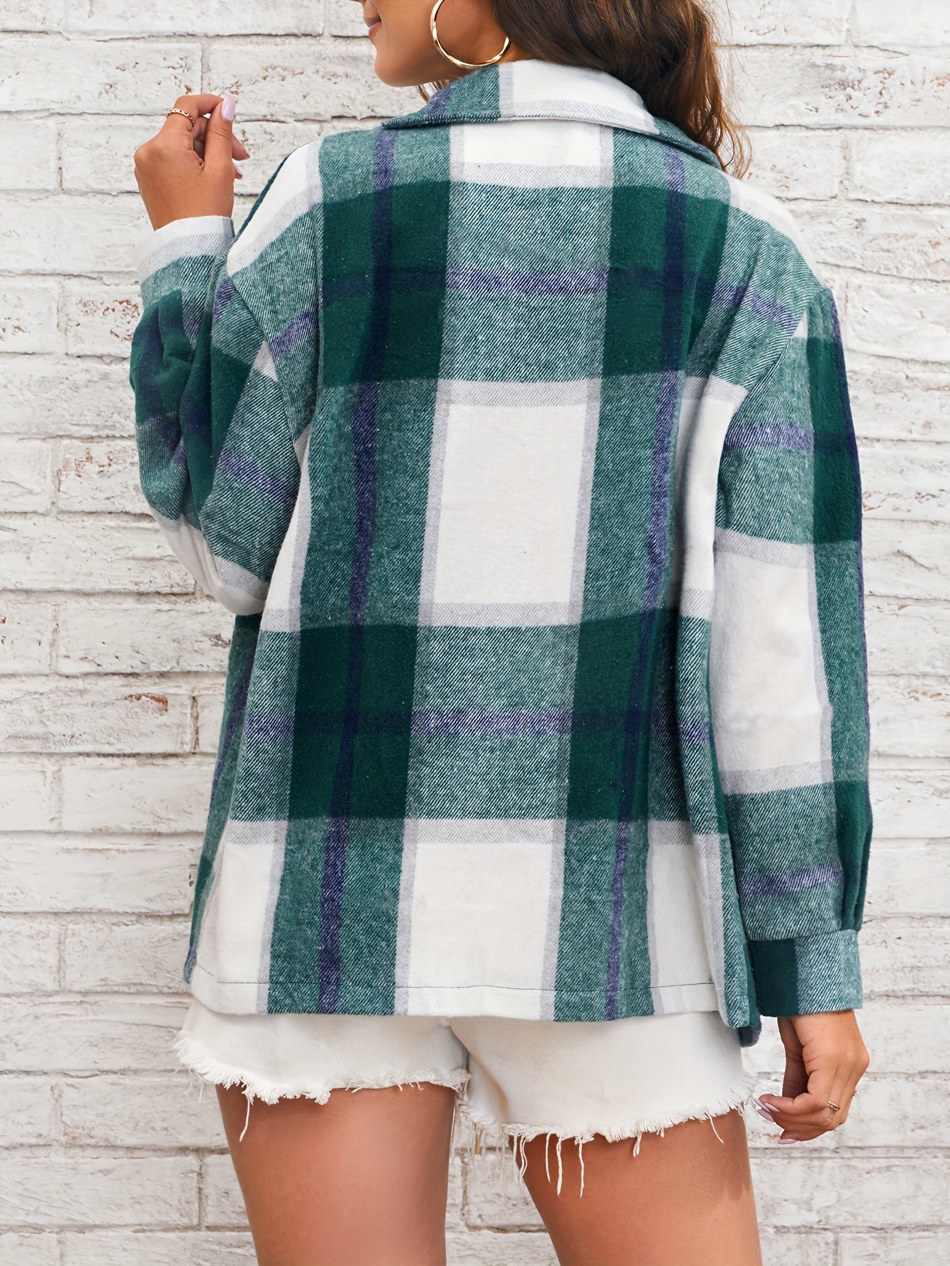 Antmvs Oversized Plaid Shirt, Long Sleeve Button Up Casual Top For Spring & Fall, Women's Clothing
