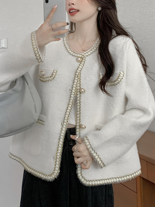 Antmvs Contrast Trim Button Down Knit Cardigan, Elegant Long Sleeve Cozy Sweater, Women's Clothing