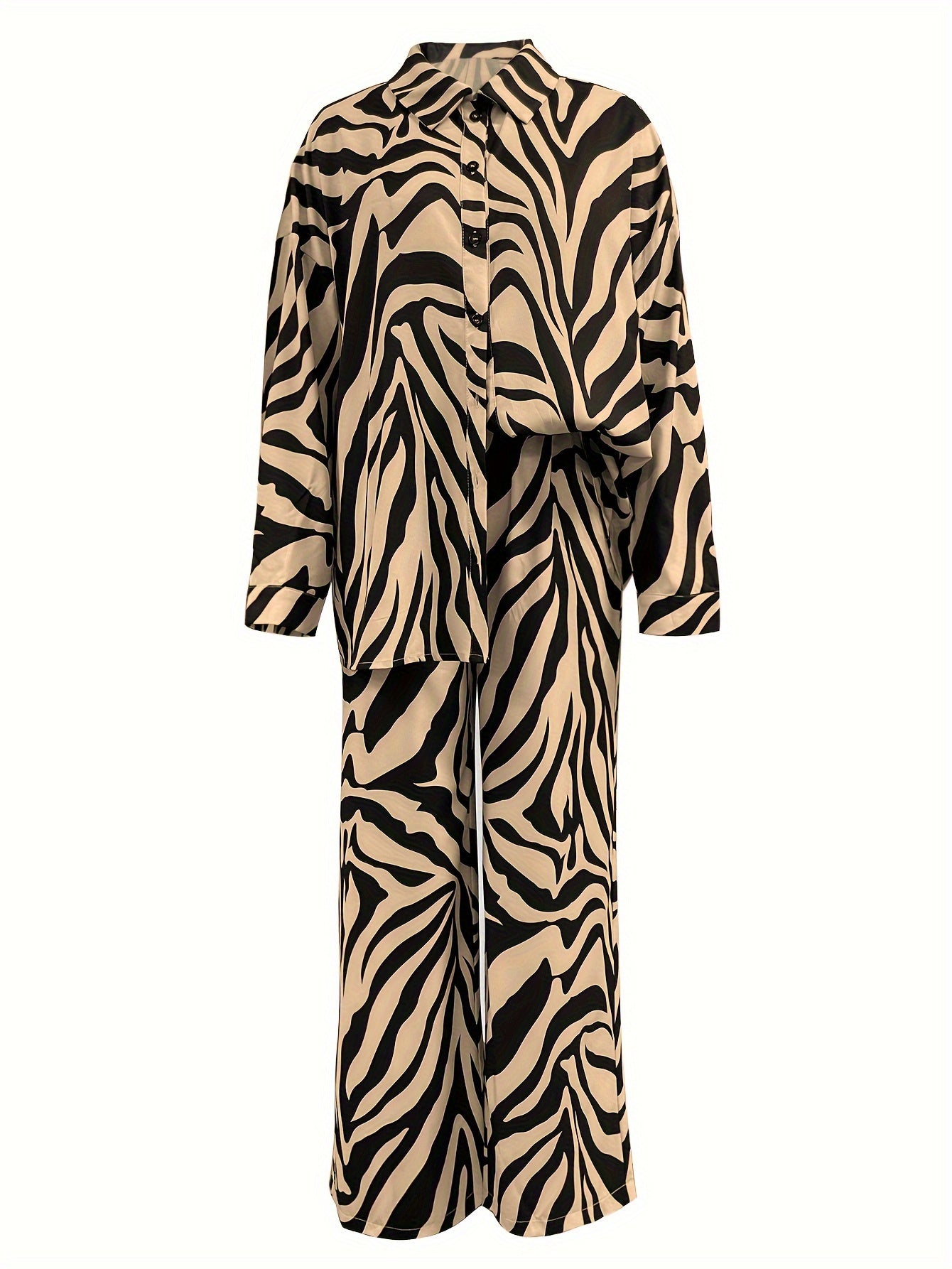 Antmvs Zebra Print Two-piece Set, Elegant Long Sleeve Button Shirt & Wide Leg Pants Outfits, Women's Clothing