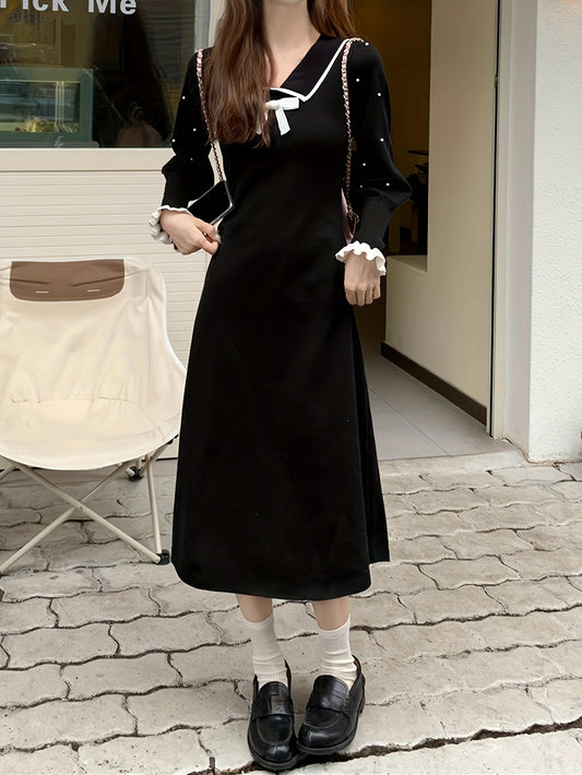 Antmvs Bow Decor Collared Beaded Dress, Chic Long Sleeve A-line Midi Dress, Women's Clothing