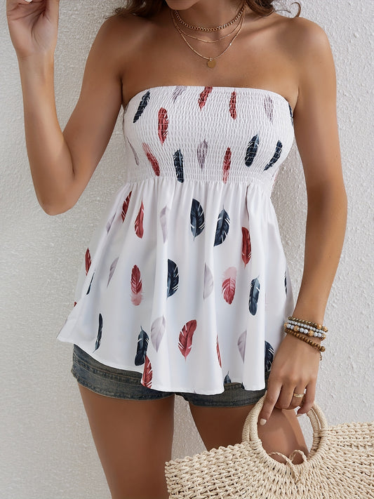 Antmvs  Feather Print Shirred Flared Tube Top, Resort Wear Sleeveless Top For Summer, Women's Clothing