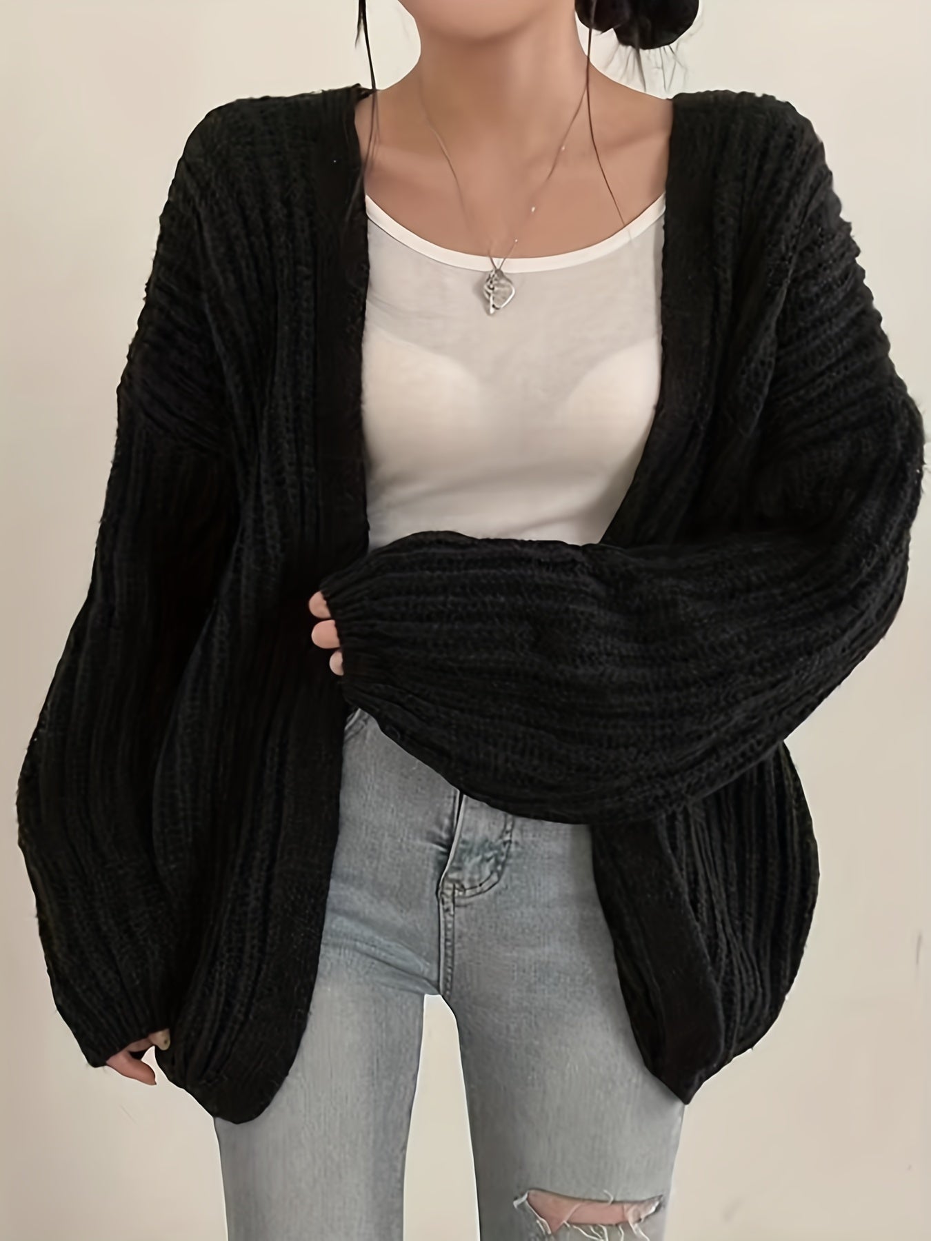 Antmvs Solid Ope Front Chunky Knit Cardigan, Casual Long Sleeve Loose Sweater, Women's Clothing