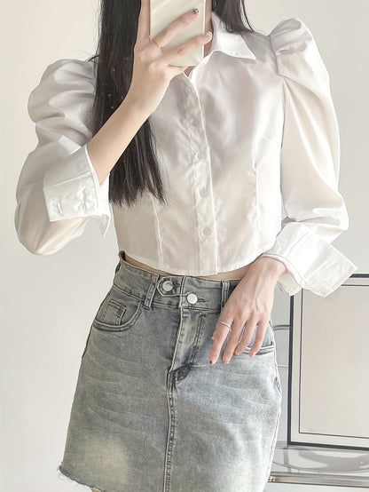 Antmvs Puff Sleeve Button Front Blouse, Casual Solid Color Lapel Crop Blouse For Spring & Fall, Women's Clothing