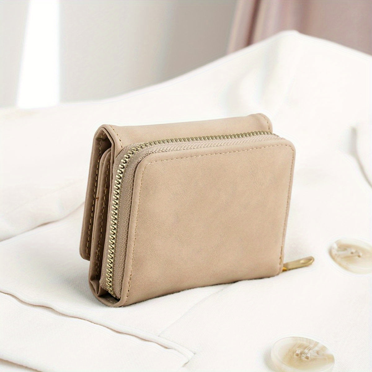 Snap Button Small Wallet, Cute Fold Faux Leather Wallet With Card Slots & Zipper Pocket