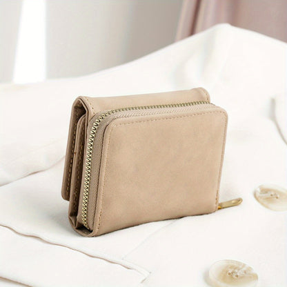 Snap Button Small Wallet, Cute Fold Faux Leather Wallet With Card Slots & Zipper Pocket