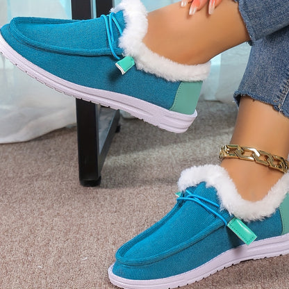 Women's Splicing Fluffy Loafers, Winter Warm Round Toe Slip On Flat Shoes, Cozy Low Top Snow Boots