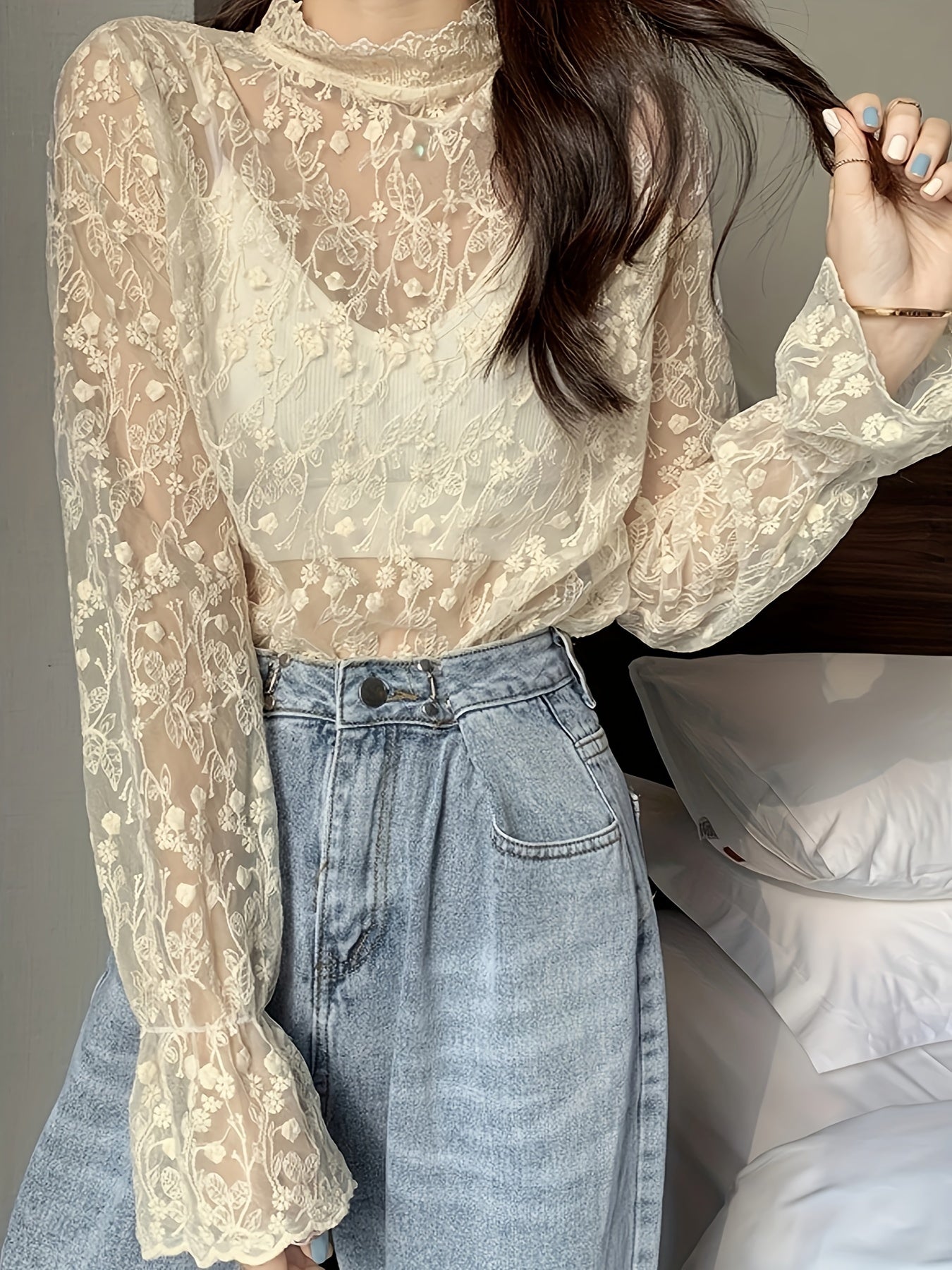 Antmvs Guipure Lace Overlay Flare Sleeve Blouse, Casual Mock Neck Long Sleeve Blouse, Women's Clothing