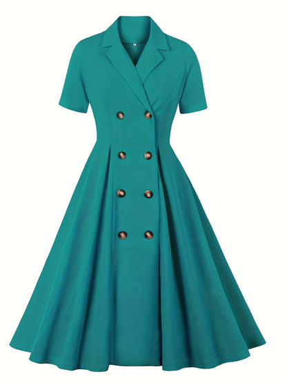 Antmvs Plus Size Retro Dress, Women's Plus Solid Double Breast Button Short Sleeve Lapel Collar A-line Maxi Suit Dress