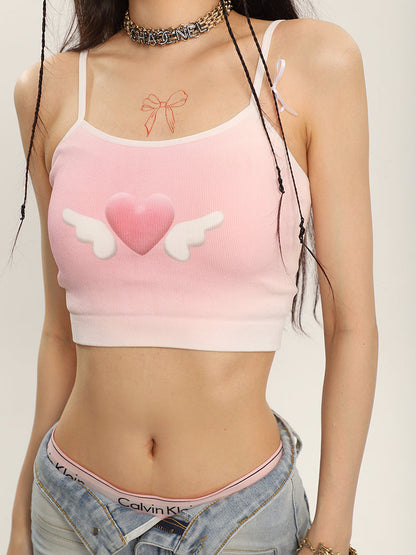 Antmvs Stella Winged Heart Pink Spaghetti Strap Camisole Slim Cropped Top