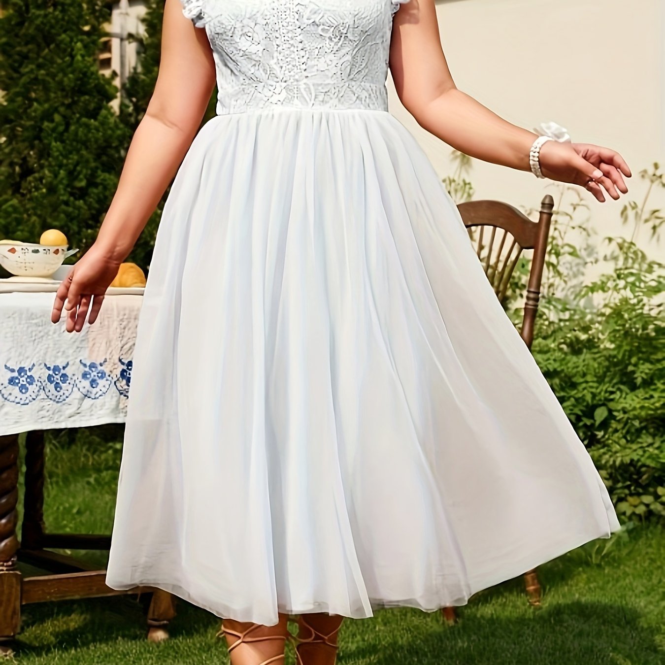 Antmvs Plus Size Elegant Bridesmaid Dress, Women's Plus Contrast Lace Ruffle Trim Mesh Overlay Formal Party Dress