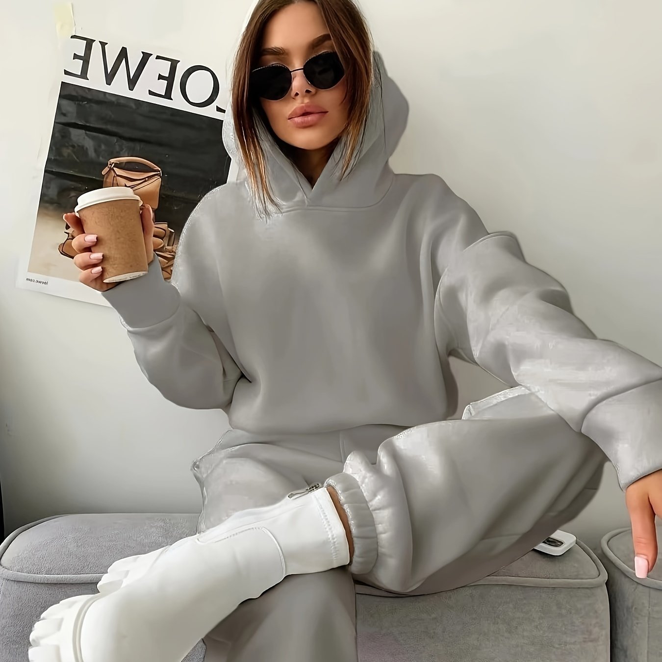 Antmvs Casual Two-piece Set, Solid Hoodie & Elastic Waist Jogger Pants Outfits, Women's Clothing