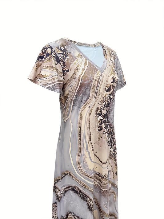 Antmvs Marble Print V Neck Dress, Casual Short Sleeve Dress For Summer, Women's Clothing