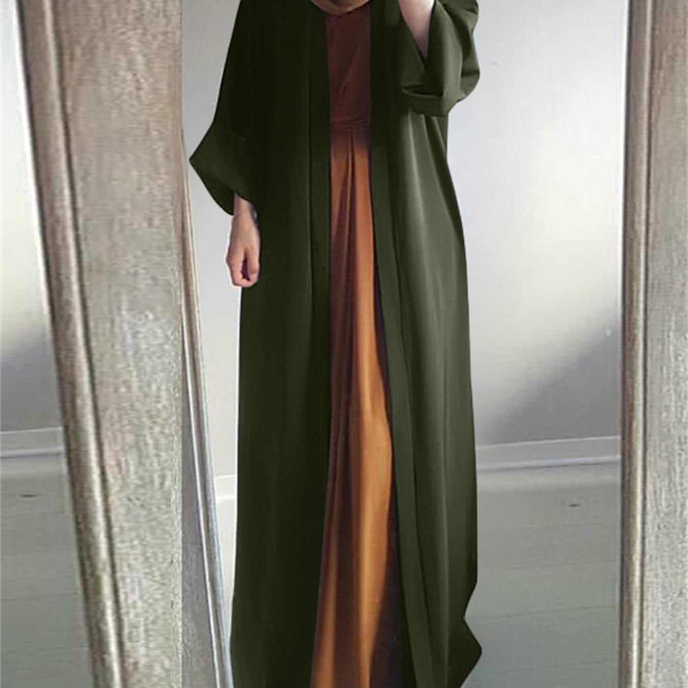 Antmvs Plus Size Modest Abaya Robe, Women's Plus Solid Long Sleeve Open Front Loose Turkey Robe