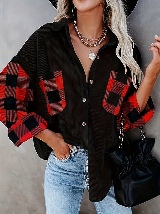 Antmvs Plaid Print Splicing Shirt, Casual Button Front Long Sleeve Shirt, Women's Clothing