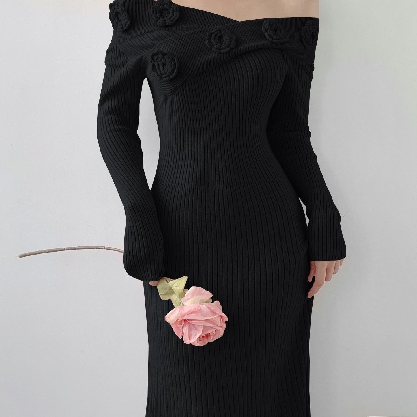 Antmvs Ribbed Floral Decor Dress, Elegant Long Sleeve Bodycon Midi Dress, Women's Clothing