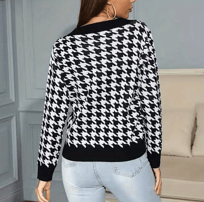 Antmvs Plus Size Casual Sweater, Women's Plus Houndstooth Print Long Sleeve V Neck Jumper