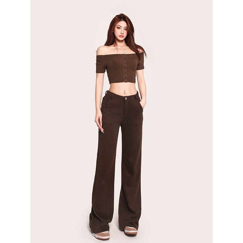 Antmvs Carla Solid Color Off-the-Shoulder Button Up Slim Cropped Top