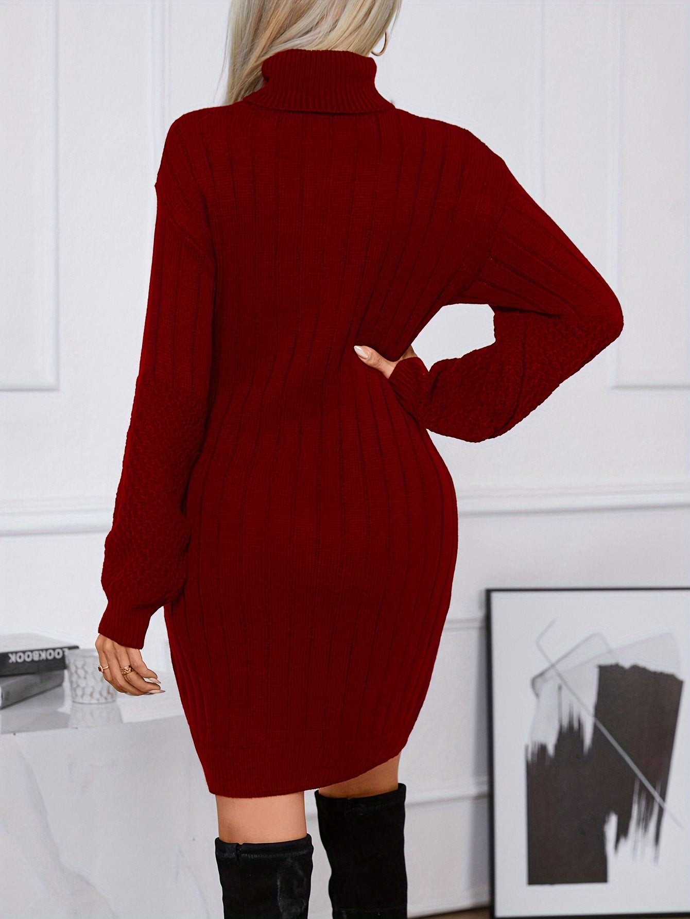 Antmvs Turtleneck Sweater Dress, Casual Long Sleeve Solid Dress, Women's Clothing