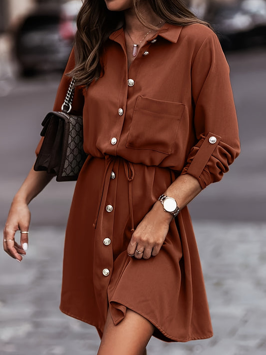 Antmvs Plus Size Casual Dress, Women's Plus Solid Button Up Long Sleeve Turn Down Collar Drawstring Shirt Dress