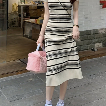 Antmvs Striped Print Collar Dress, Casual Short Sleeve Bodycon Summer Dress, Women's Clothing