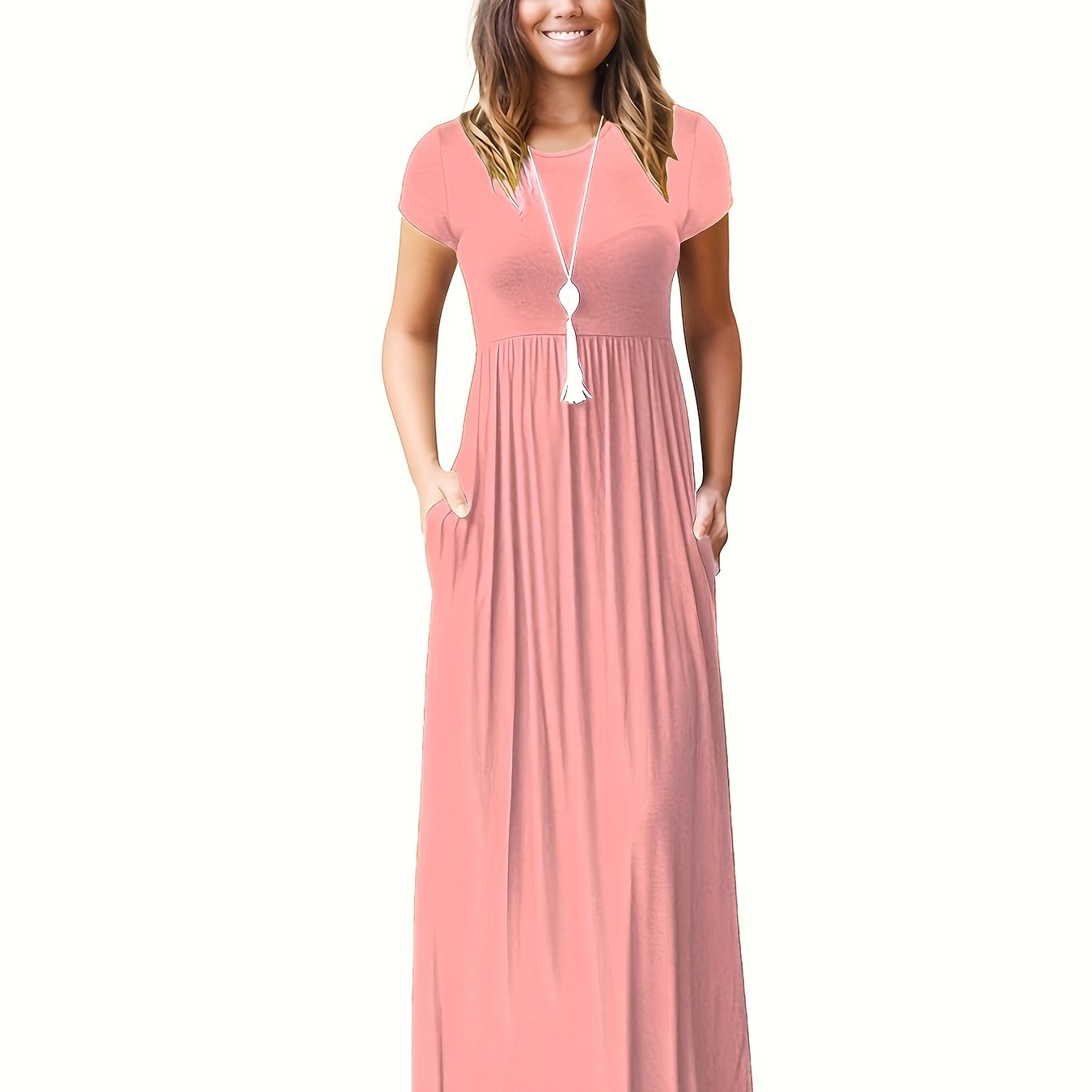 Antmvs Pleated Maxi Dress, Casual Crew Neck Short Sleeve Dress With Pockets, Women's Clothing