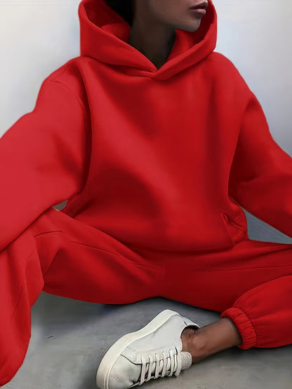 Antmvs Casual Solid Two-piece Set, Drop Shoulder Long Sleeve Hoodies & Elastic Waist Jogger Pants Outfits, Women's Clothing