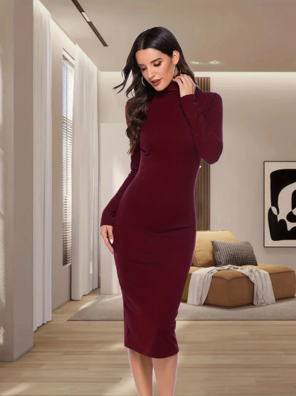 Antmvs Turtleneck Rib Knit Dress, Elegant Long Sleeve Bodycon Dress, Women's Clothing