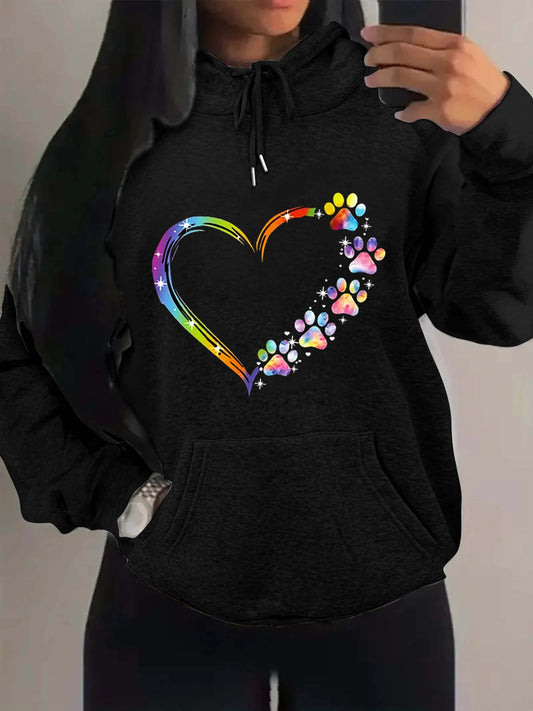 Antmvs Paw & Heart Print Drawstring Hoodie, Casual Long Sleeve Kangaroo Pocket Hoodie Sweatshirt, Women's Clothing