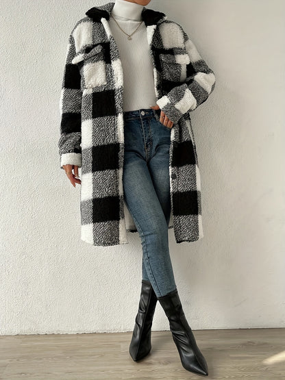 Antmvs Plaid Pattern Teddy Coat, Casual Button Front Long Sleeve Outerwear, Women's Clothing